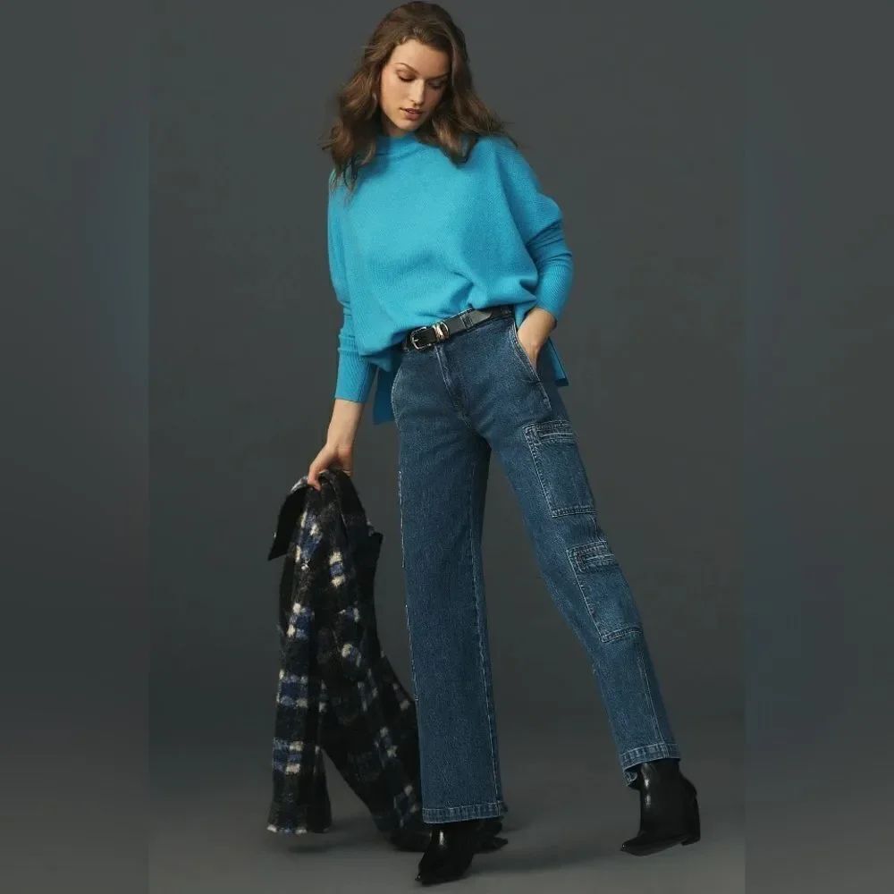 Anthropologie The Shea Oversized Boxy Cashmere Sweater by Maeve Neon Azure Skies